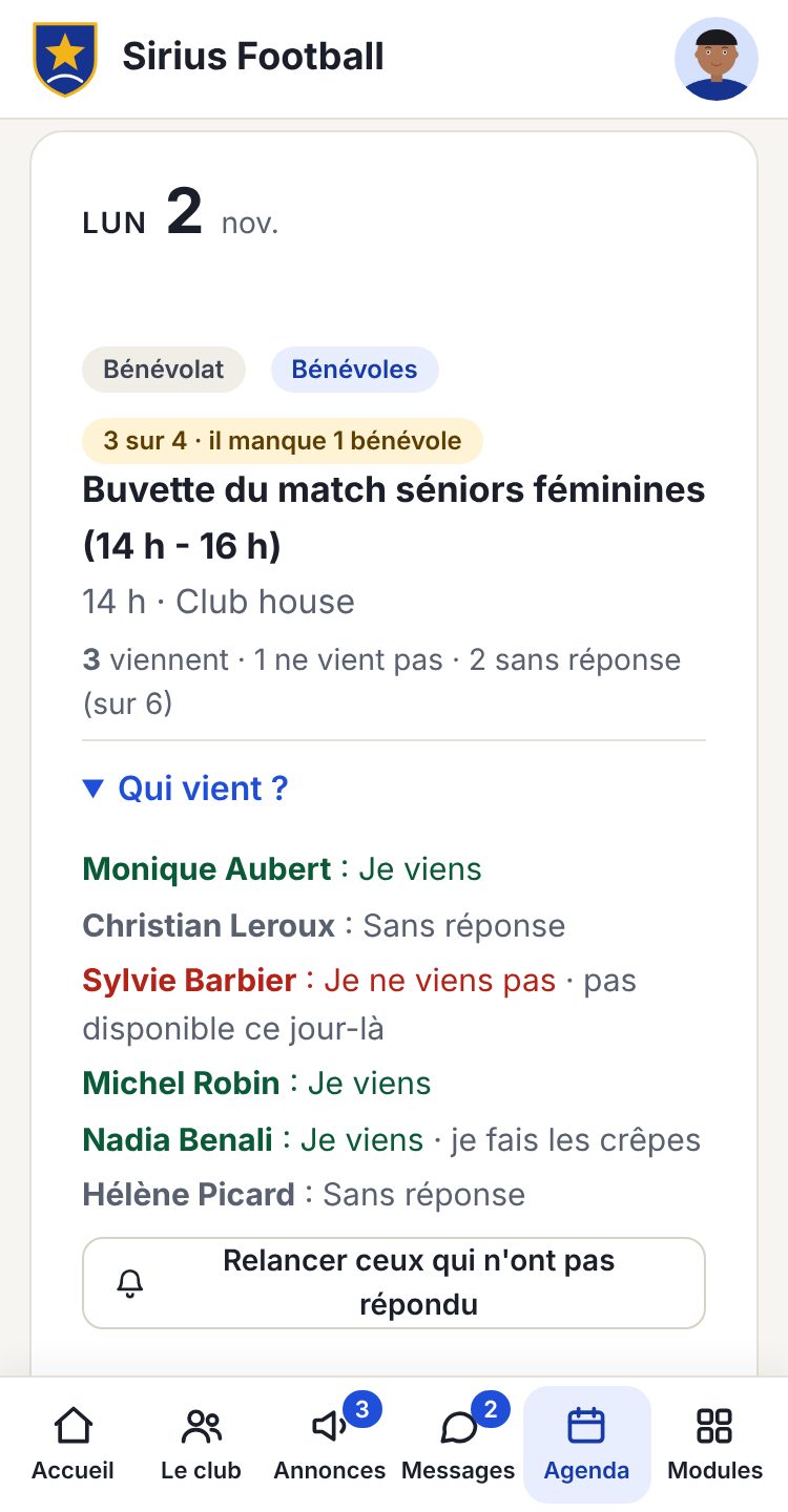 Événement « Buvette du match » dans l'appli : 3 bénévoles sur 4, il en manque 1, avec la liste de qui vient