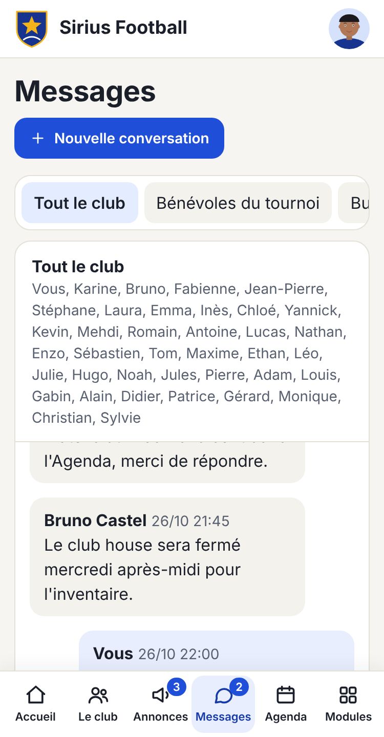 Conversation « Tout le club » avec plusieurs messages